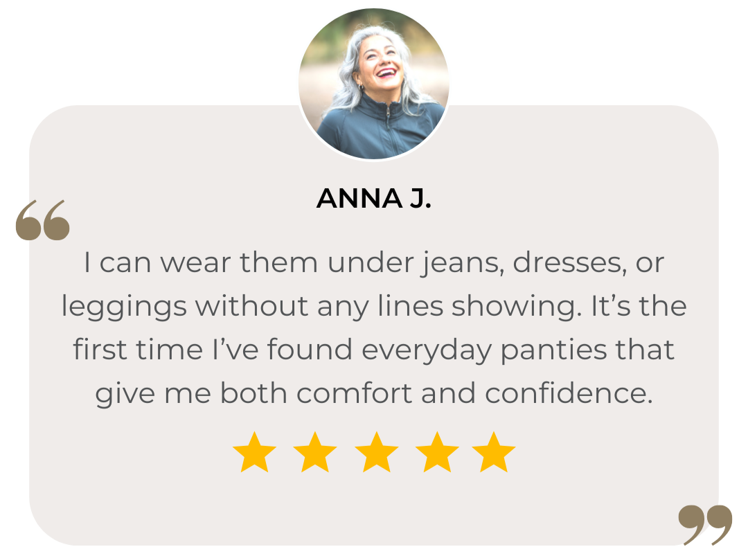 Product review with a customer named Anna J. praising the comfort and confidence of the product.