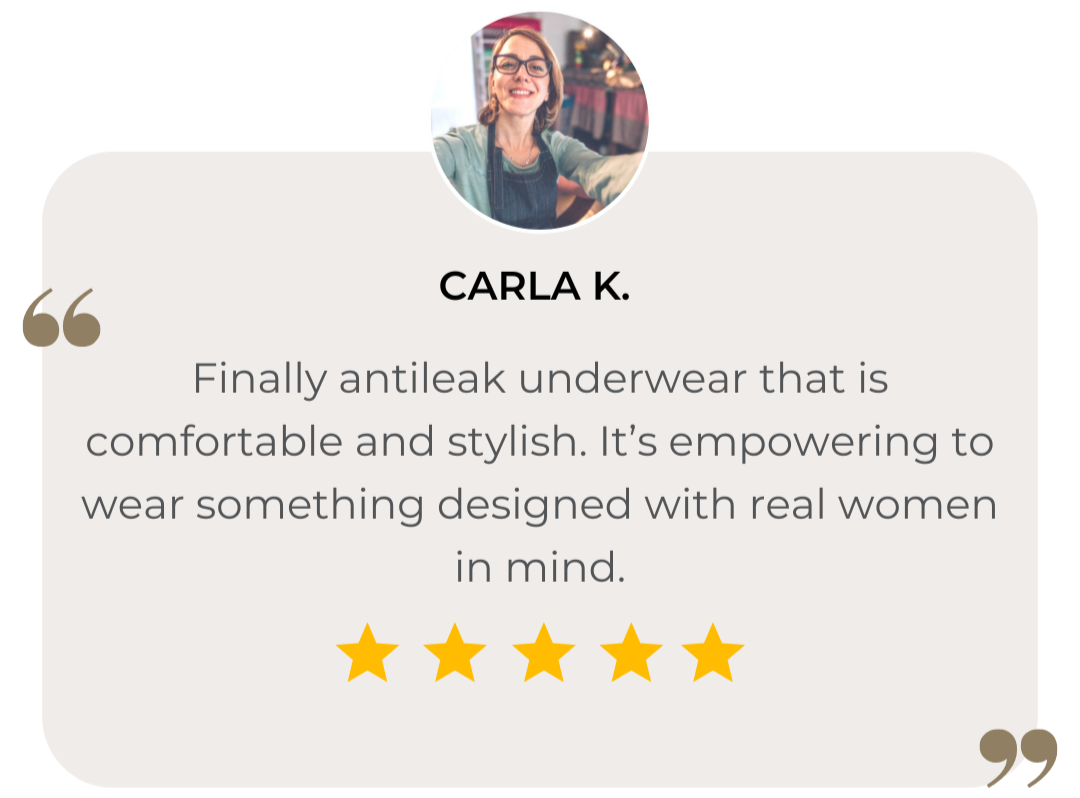 Product review with a customer's name, quote, and star rating on a white background