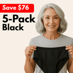 Woman holding black underwear with promotional text on a beige background