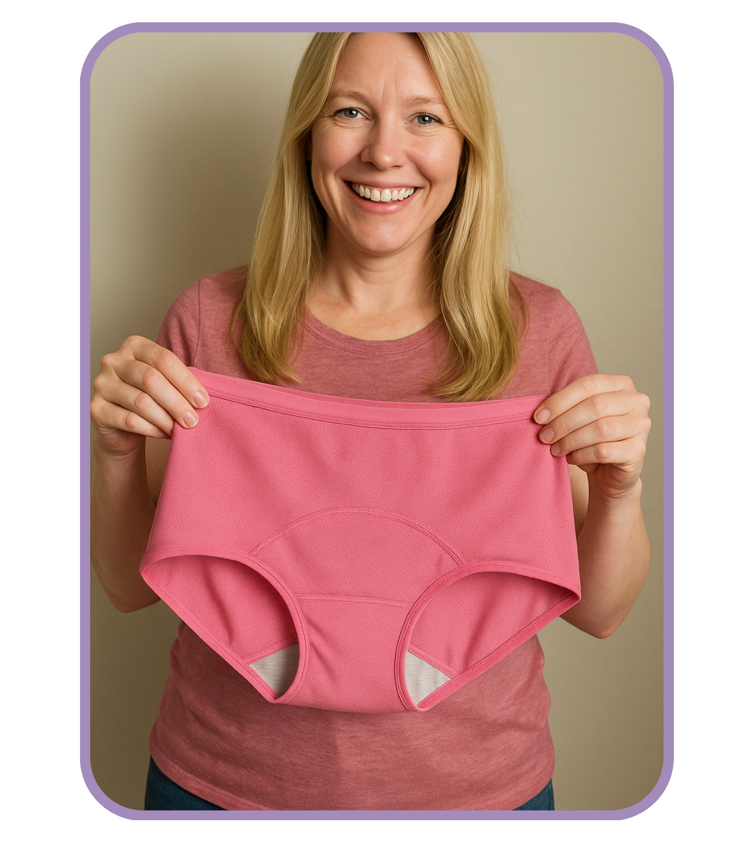 Woman holding a pink women's underwear against a beige background