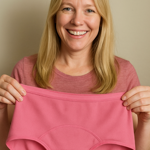 Woman holding a pink women's underwear against a beige background