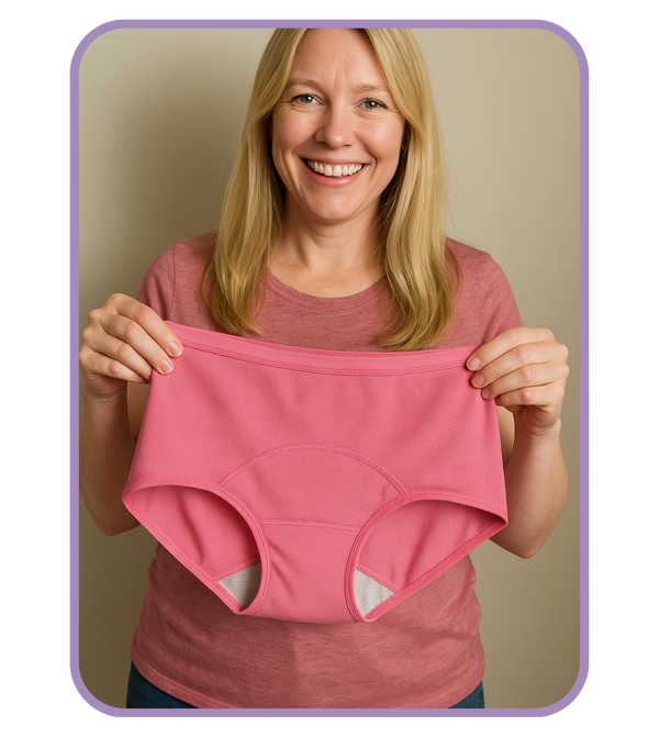 Woman holding a pink women's underwear against a beige background