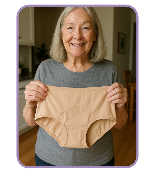 Woman holding beige underwear in a home setting
