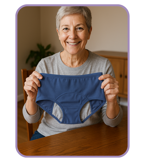 Woman holding a blue underwear in a home setting
