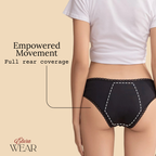 Person wearing black underwear with text highlighting 'Empowered Movement' and 'Full rear coverage'.