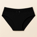 Black women's underwear with lace trim on a beige background
