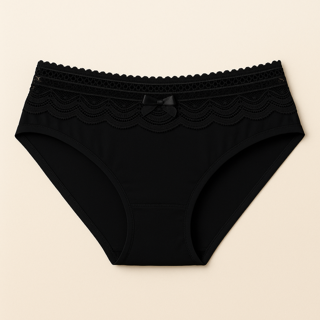 Black women's underwear with lace trim on a beige background