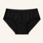 Black women's underwear with lace trim on a light beige background
