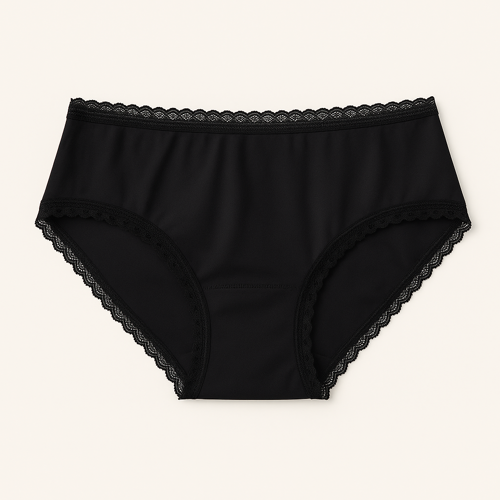Black women's underwear with lace trim on a light beige background