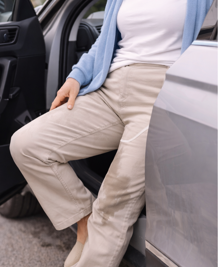 Woman sitting on a couch with a salad and in a car wearing beige pants.